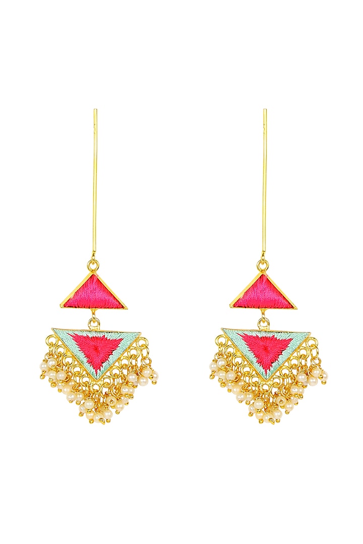Matte Gold Finish Triangle Earrings With Thread Embroidery by Bauble Bazaar at Pernia's Pop Up Shop