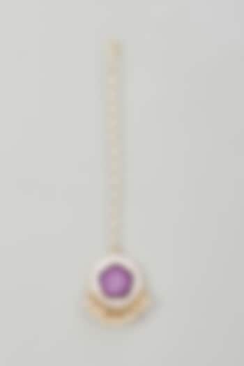 Gold Finish Silk Thread Embroidered & Purple Enameled Maangtikka by Bauble Bazaar at Pernia's Pop Up Shop