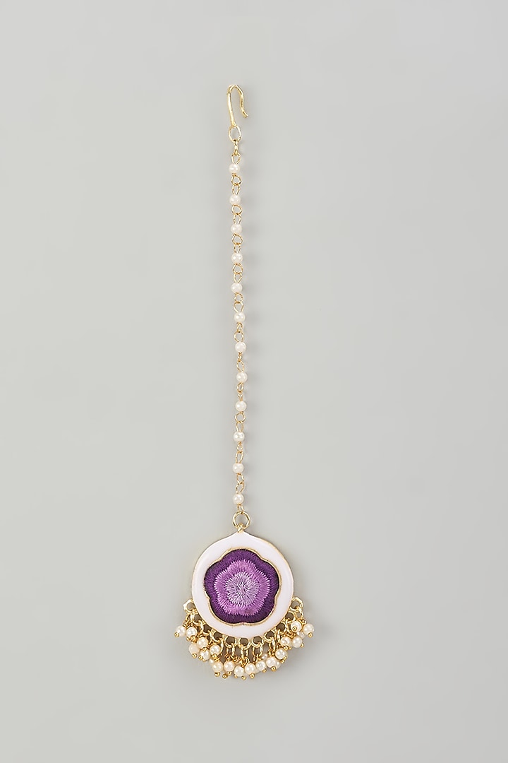 Gold Finish Silk Thread Embroidered & Purple Enameled Maangtikka by Bauble Bazaar at Pernia's Pop Up Shop