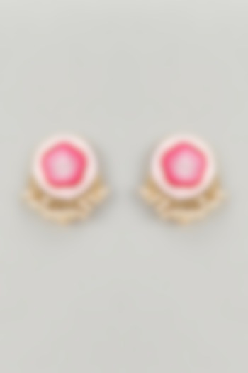 Gold Finish Silk Thread Embroidered & Pink Enameled Stud Earrings by Bauble Bazaar at Pernia's Pop Up Shop