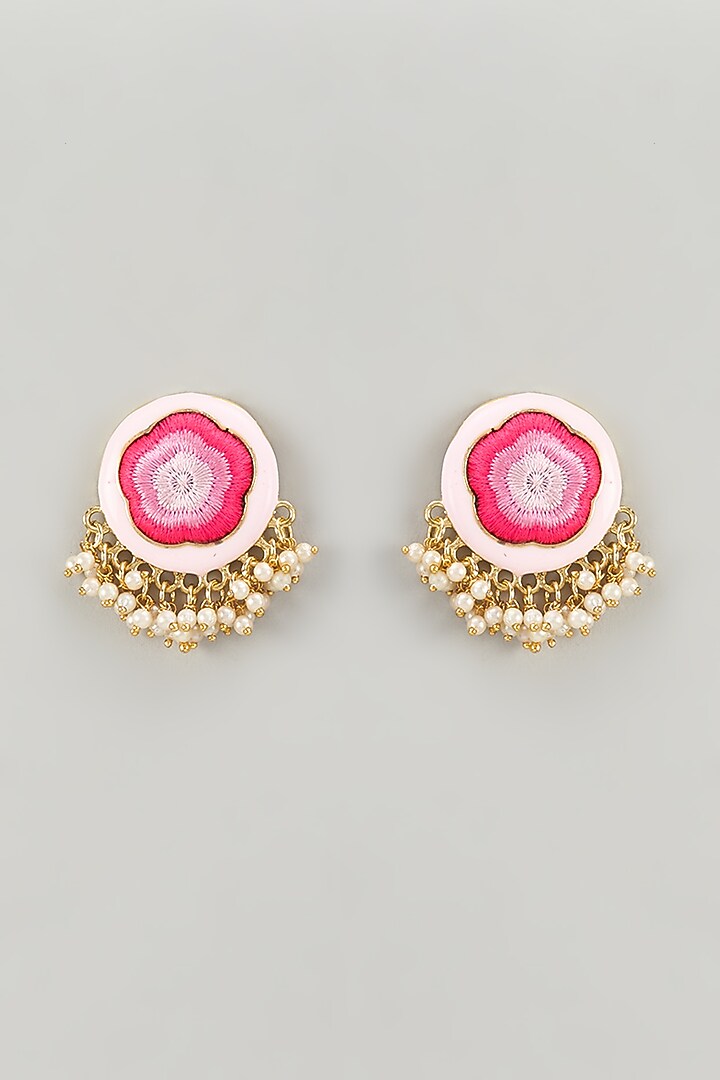 Gold Finish Silk Thread Embroidered & Pink Enameled Stud Earrings by Bauble Bazaar at Pernia's Pop Up Shop