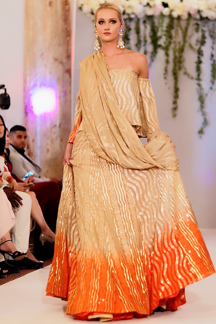 Gold & Orange Embroidery Wedding Lehenga Set by Abha Choudhary at Pernia's Pop Up Shop