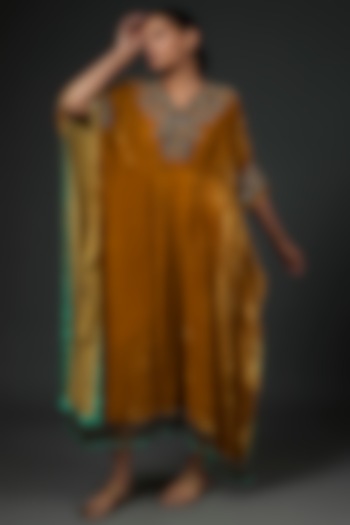 Dark Golden Beige Velvet Kaftan by Abha Choudhary at Pernia's Pop Up Shop