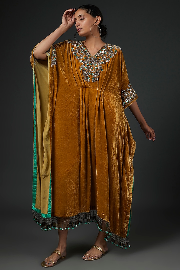 Dark Golden Beige Velvet Kaftan by Abha Choudhary at Pernia's Pop Up Shop