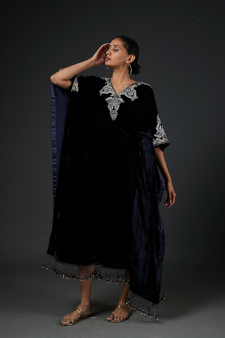 Carbon Blue Velvet Kaftan by Abha Choudhary at Pernia's Pop Up Shop