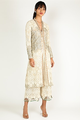 Cream & Golden Embroidered Kurta Set by Abha Choudhary