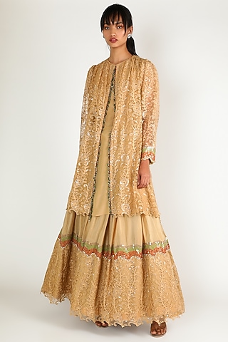 Dark Beige Embroidered Kurta Set by Abha Choudhary