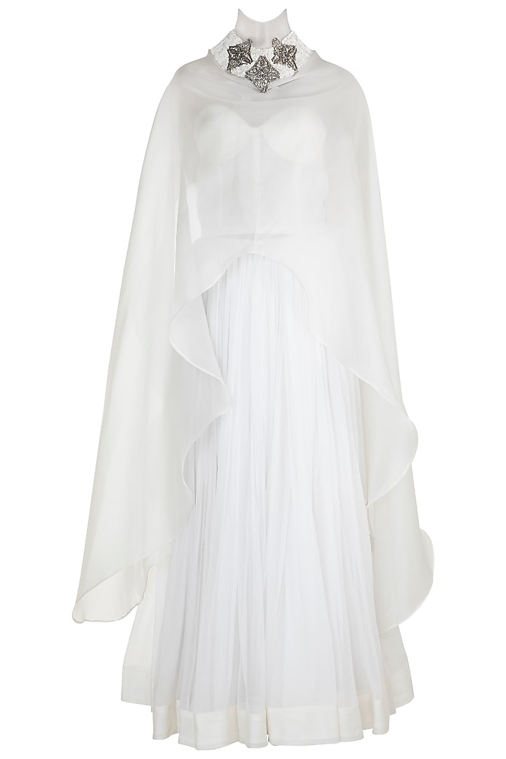 Pearl White Embroidered Long Cape With Corset & Skirt by Abha Choudhary