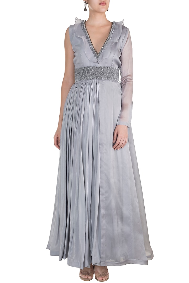 Grey Embroidered Wedding Anarkali With Belt by Abha Choudhary at Pernia's Pop Up Shop