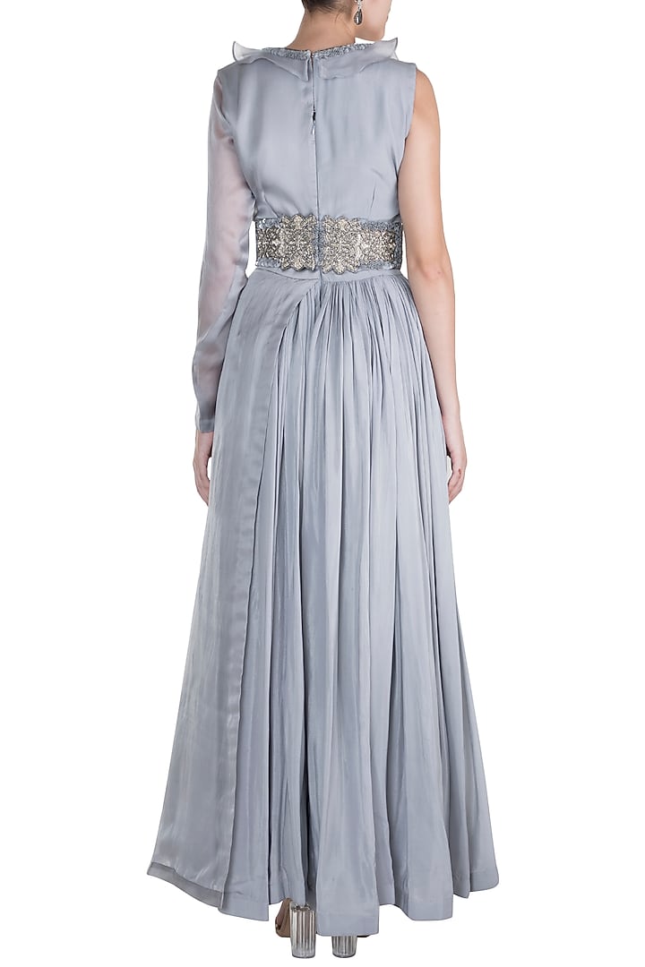 Grey Embroidered Wedding Anarkali With Belt by Abha Choudhary at Pernia's Pop Up Shop