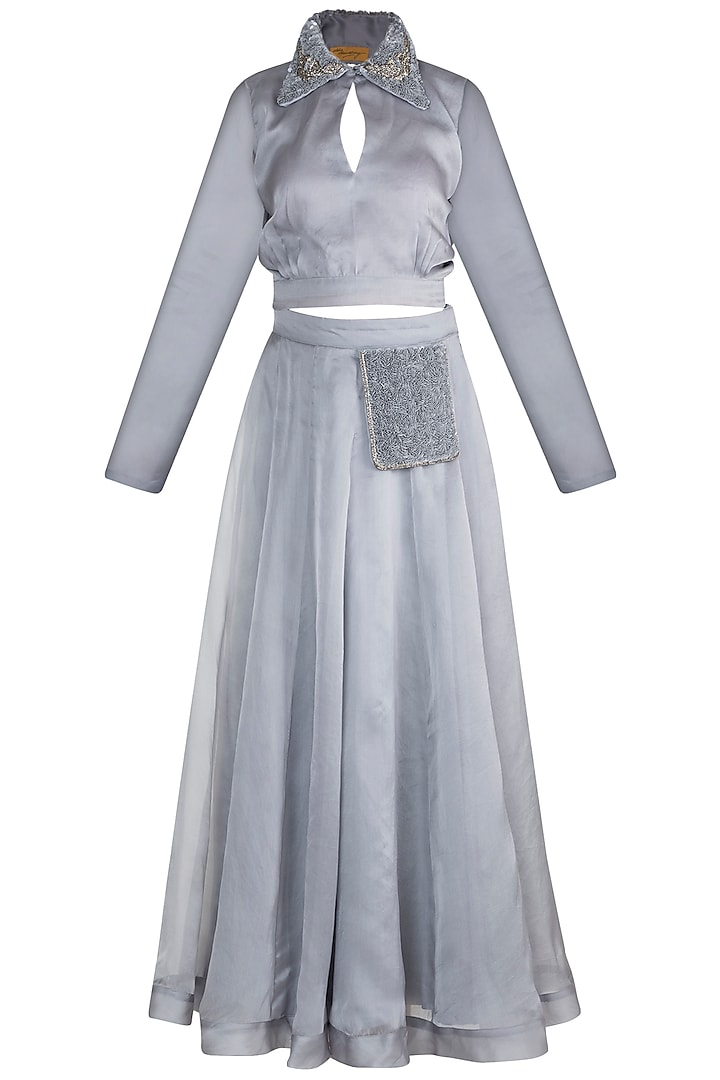 Grey Embroidered Top With Skirt by Abha Choudhary
