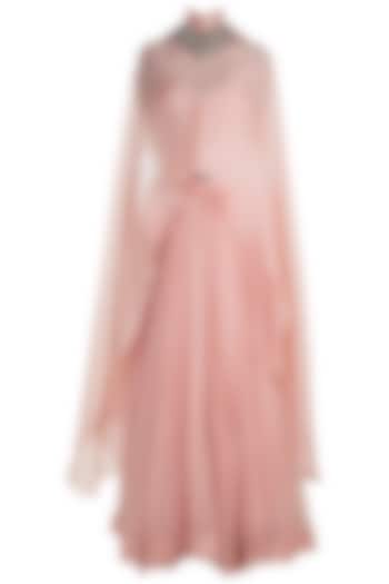 Blush Pink Embroidered Long Cape With Corset & Skirt by Abha Choudhary