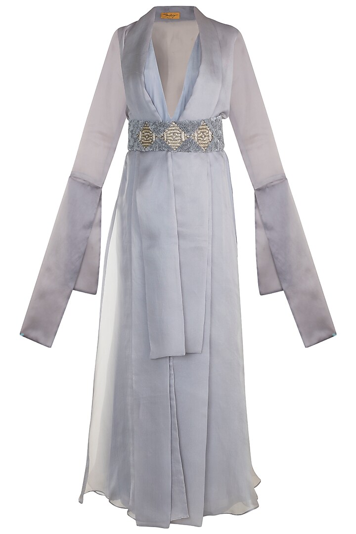 Grey Embroidered Jumpsuit With Jacket & Belt by Abha Choudhary