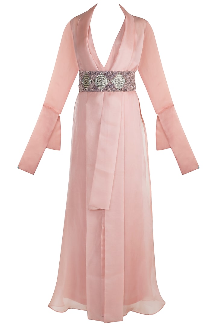 Blush Pink Embroidered Jumpsuit With Jacket & Belt by Abha Choudhary