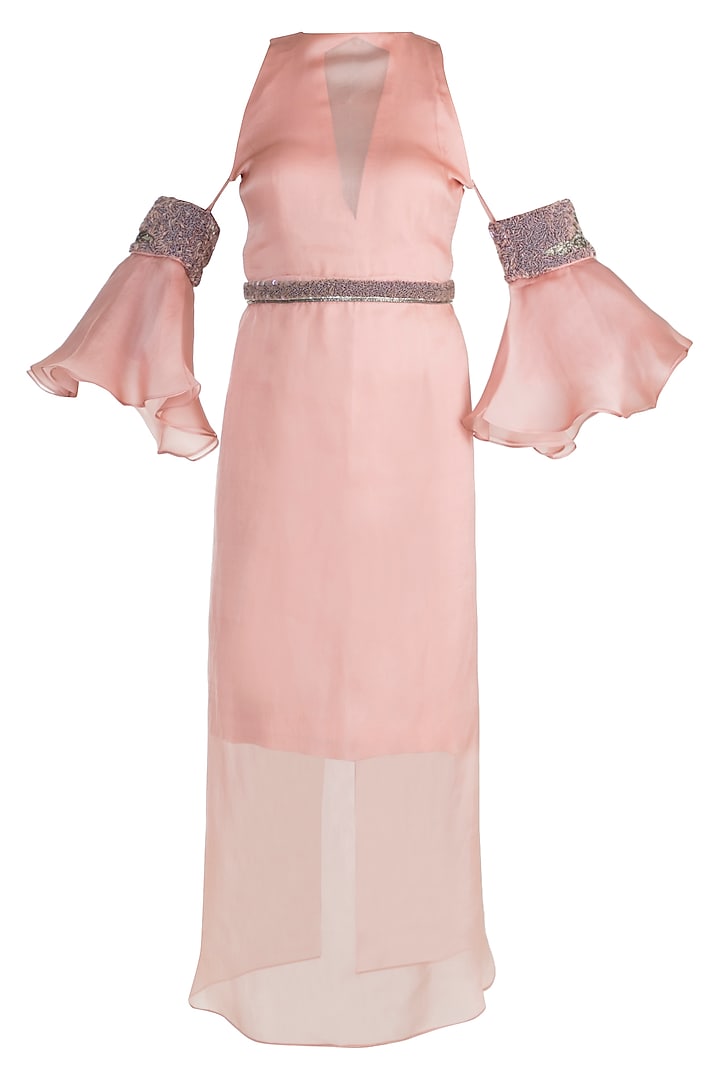 Blush Pink Embroidered Dress With Wrap Skirt by Abha Choudhary