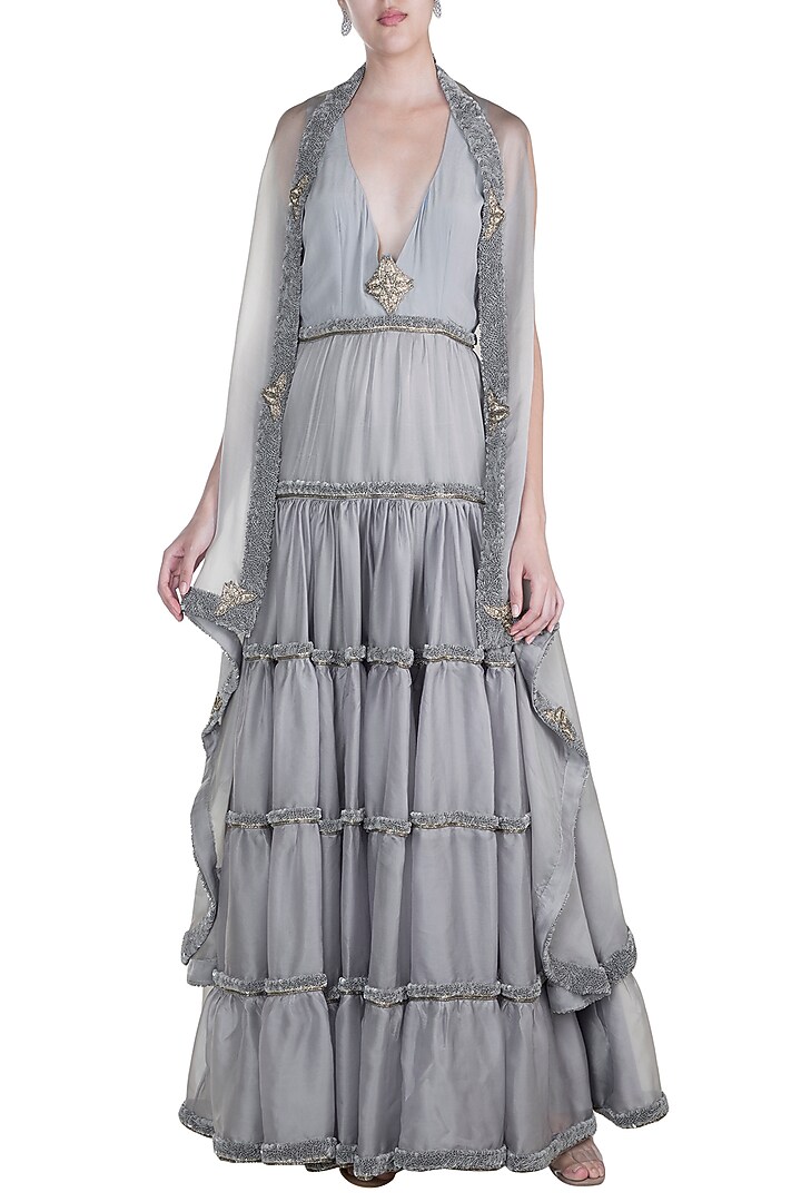 Grey Embroidered Chunnat Bridal Anarkali With Jacket by Abha Choudhary at Pernia's Pop Up Shop