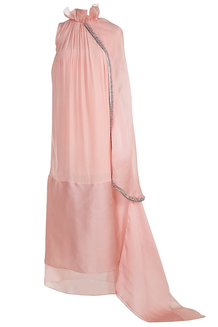 Blush Pink Embroidered Dress With Attached Stole by Abha Choudhary