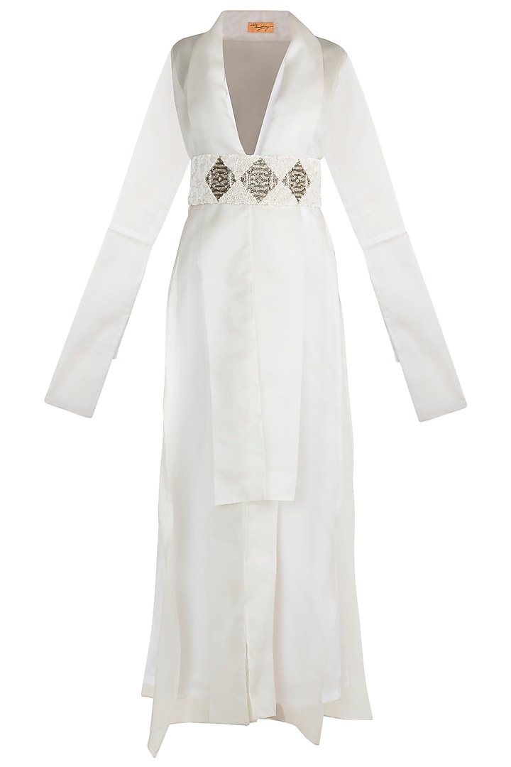 Pearl White Embroidered Jumpsuit With Jacket & Belt by Abha Choudhary