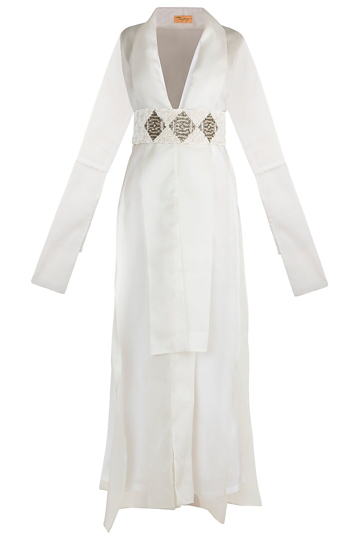 Pearl White Embroidered Jumpsuit With Jacket & Belt by Abha Choudhary at Pernia's Pop Up Shop
