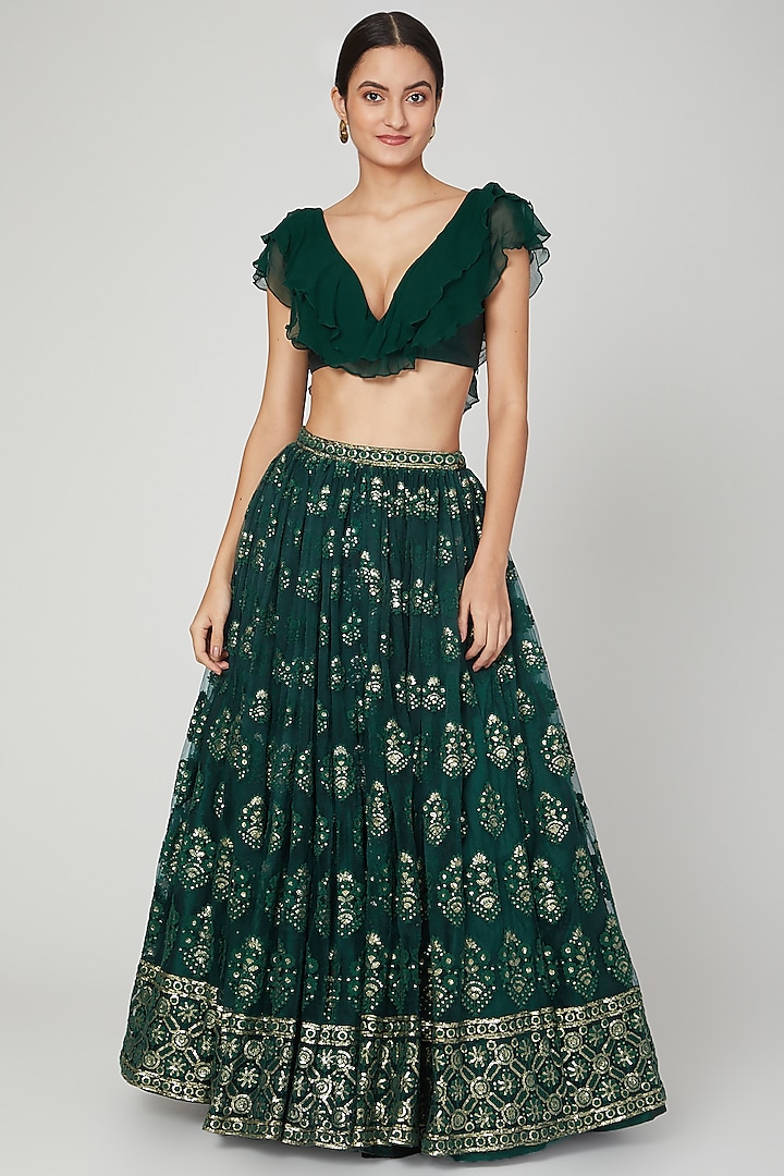 Emerald Green Embroidered Skirt Set by Abha Choudhary