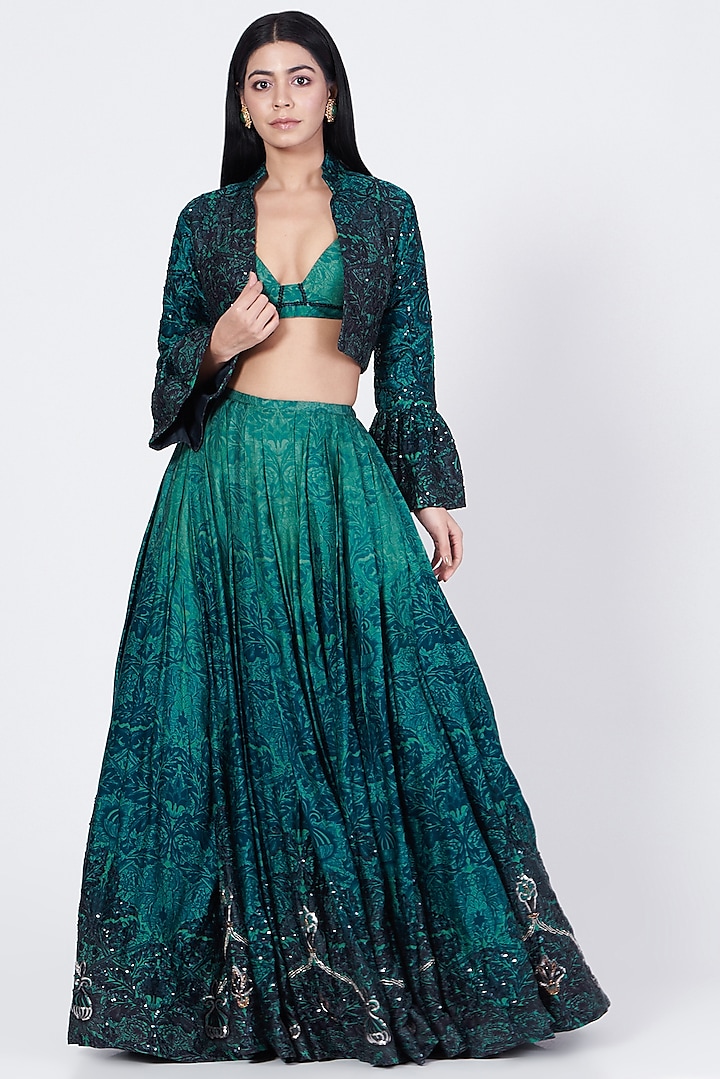 Green & Blue Ombre Sequins Embellished Skirt Set by Abha Choudhary