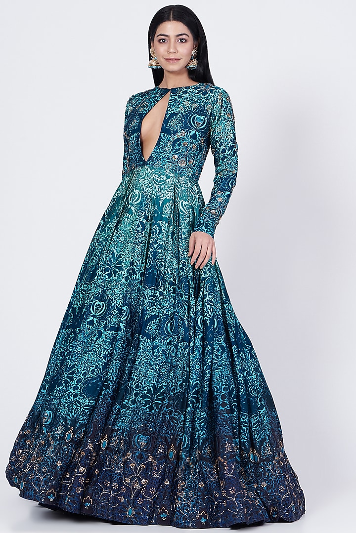 Green & Blue Ombre Sequins Embellished Anarkali by Abha Choudhary
