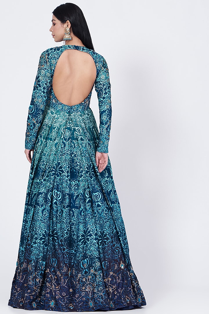 Green & Blue Ombre Sequins Embellished Bridal Anarkali by Abha Choudhary at Pernia's Pop Up Shop