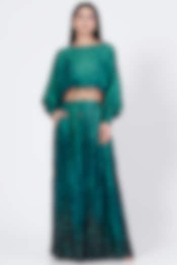 Green & Blue Cotton & Satin Plated Pant Set by Abha Choudhary
