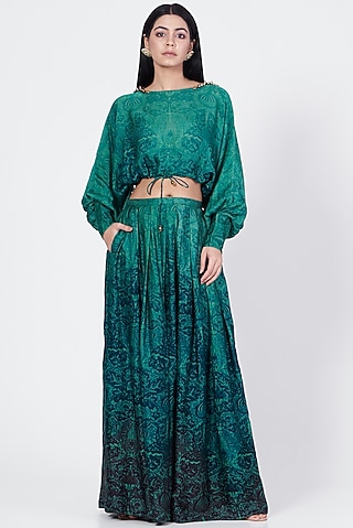 Green & Blue Cotton & Satin Plated Pant Set by Abha Choudhary