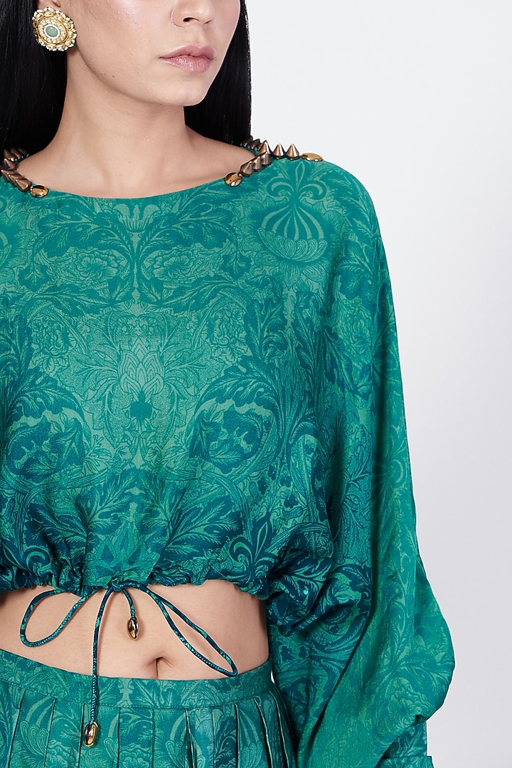 Green & Blue Cotton & Satin Plated Pant Set by Abha Choudhary at Pernia's Pop Up Shop