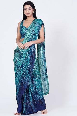Green & Blue Ombre Stitched Saree Set by Abha Choudhary