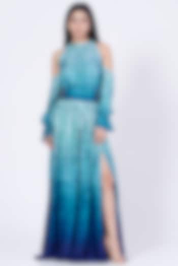 Light Blue Ombre Cotton & Satin Gown by Abha Choudhary