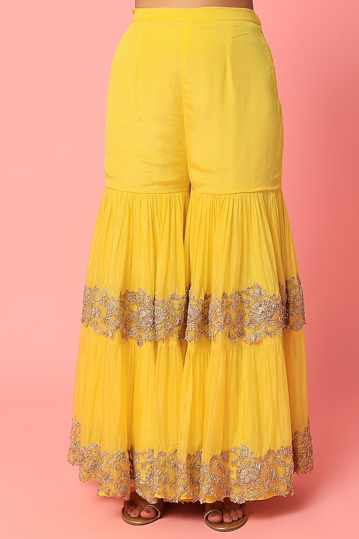 Yellow Chiffon Bridal Sharara Set by Abha Choudhary at Pernia's Pop Up Shop