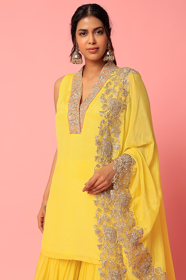 Yellow Chiffon Bridal Sharara Set by Abha Choudhary at Pernia's Pop Up Shop