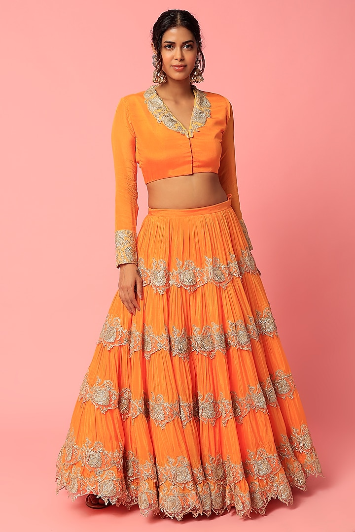 Orange Embellished Layered Lehenga Set by Abha Choudhary