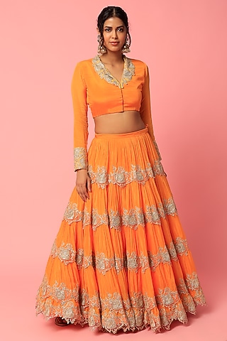 Orange Embellished Layered Lehenga Set by Abha Choudhary