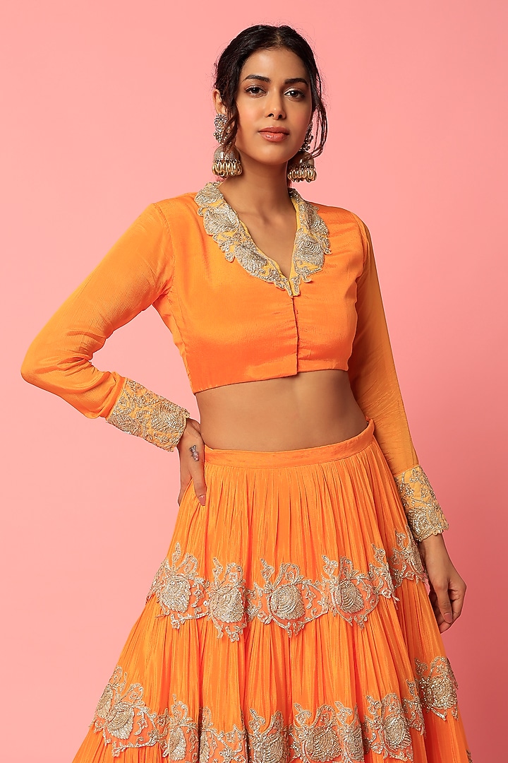 Orange Embellished Layered Wedding Lehenga Set by Abha Choudhary at Pernia's Pop Up Shop