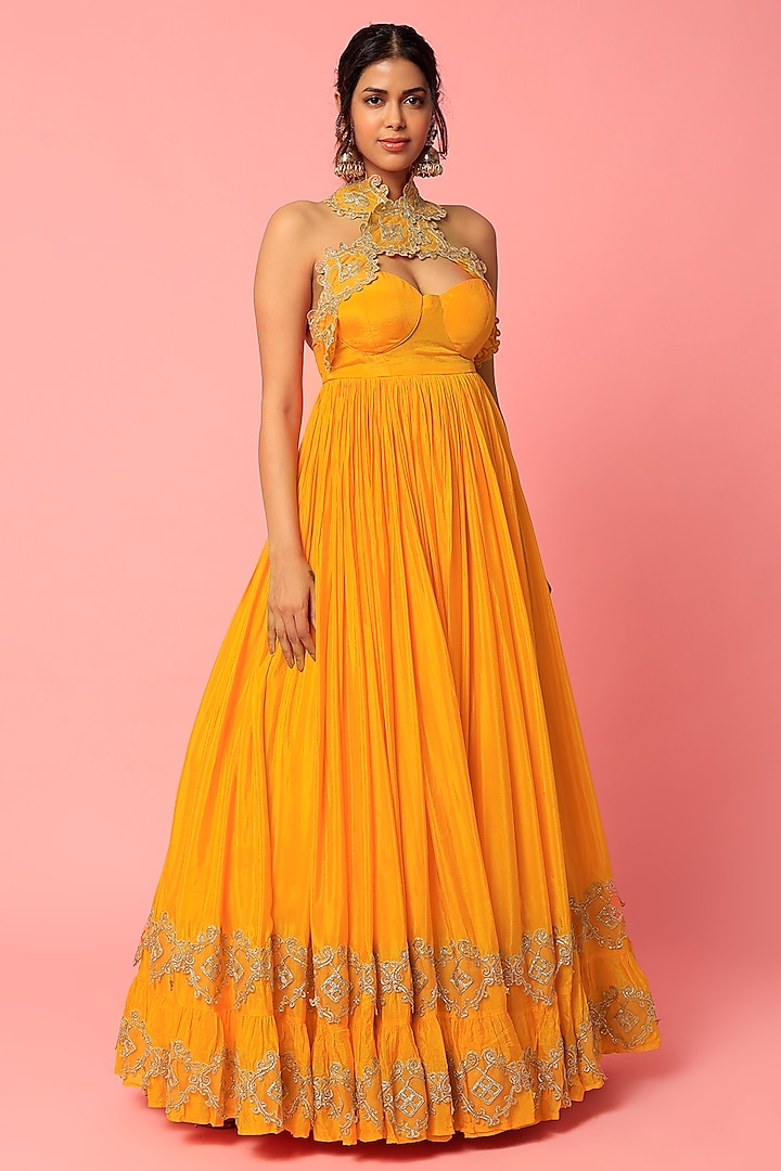 Orange Chinon Chiffon Anarkali by Abha Choudhary