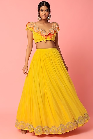 Yellow Chiffon Lehenga Set by Abha Choudhary