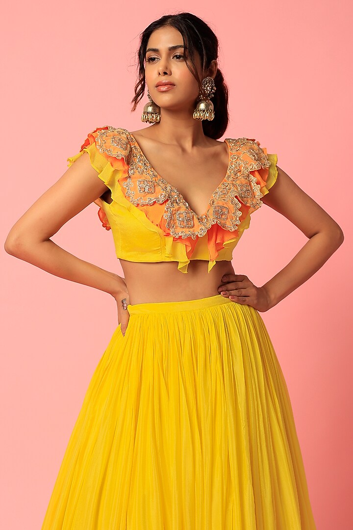 Yellow Chiffon Wedding Lehenga Set by Abha Choudhary at Pernia's Pop Up Shop