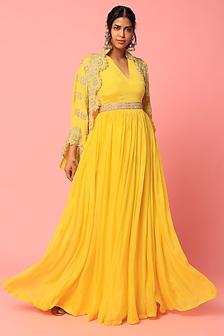 Yellow Chiffon Anarkali With Jacket by Abha Choudhary