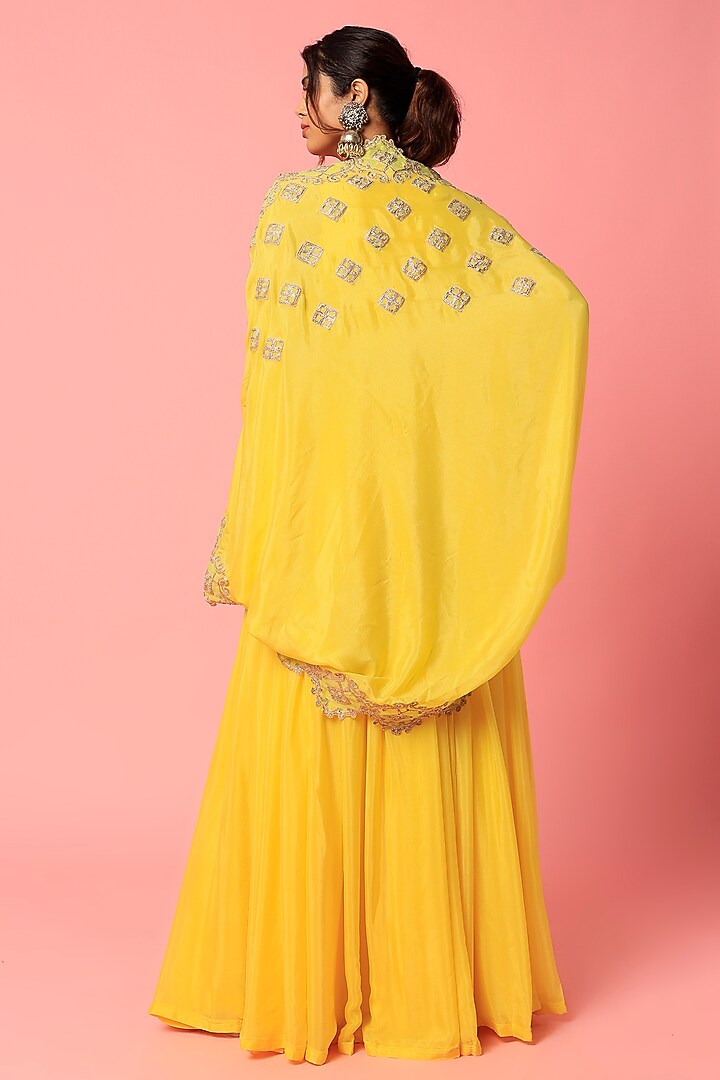 Yellow Chiffon Bridal Anarkali With Jacket by Abha Choudhary at Pernia's Pop Up Shop