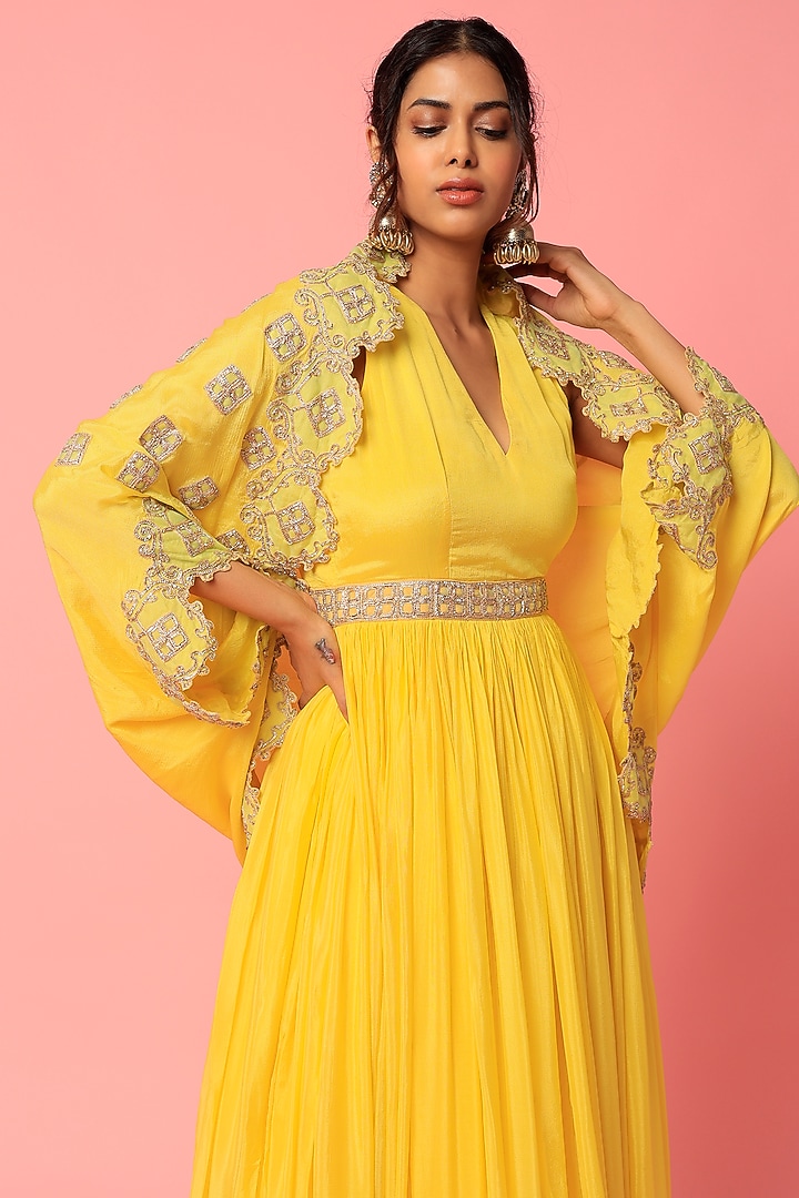 Yellow Chiffon Bridal Anarkali With Jacket by Abha Choudhary at Pernia's Pop Up Shop
