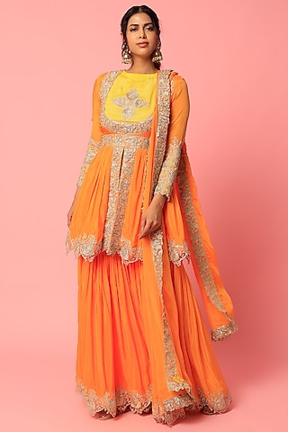 Orange Chinon Chiffon Sharara Set by Abha Choudhary
