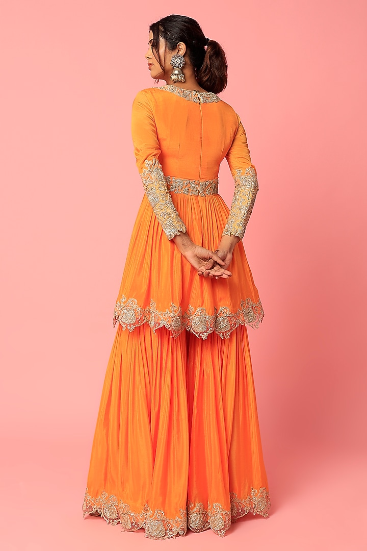 Orange Chinon Chiffon Bridal Sharara Set by Abha Choudhary at Pernia's Pop Up Shop