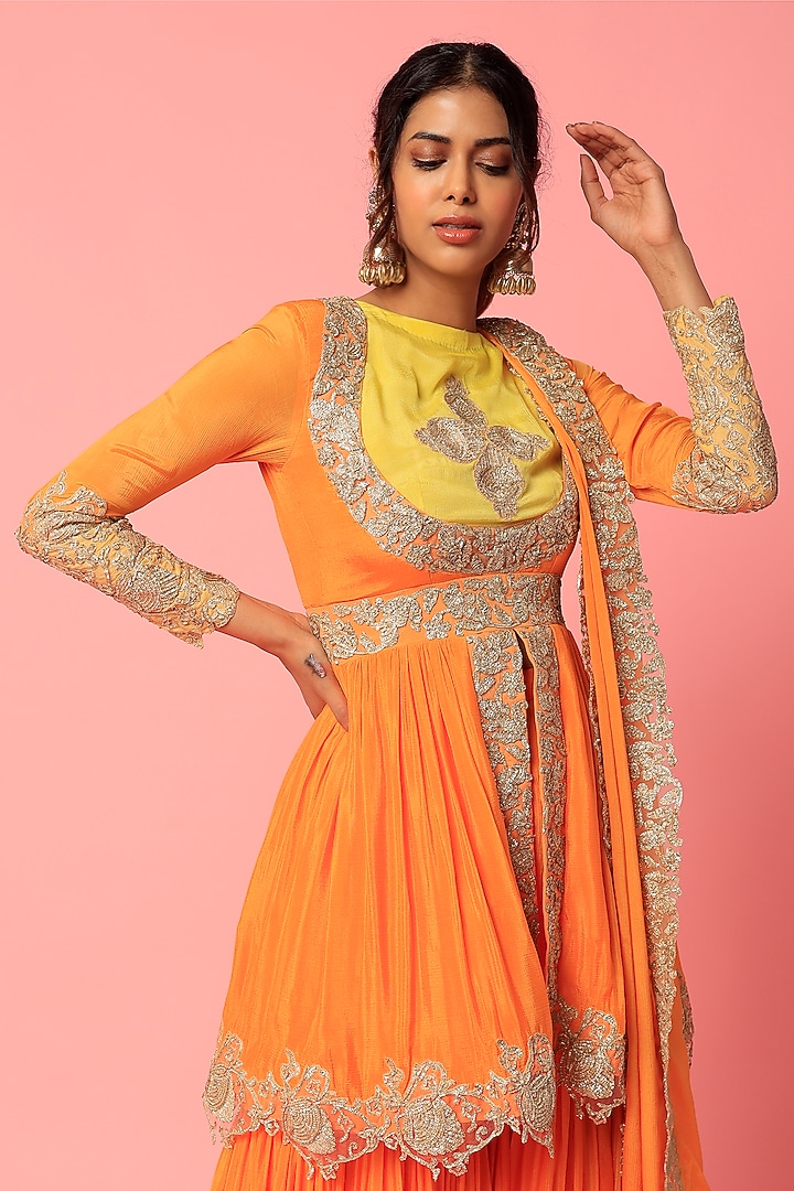 Orange Chinon Chiffon Bridal Sharara Set by Abha Choudhary at Pernia's Pop Up Shop