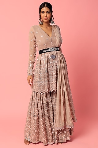 Onion Pink Georgette Sharara Set by Abha Choudhary