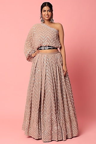 Onion Pink Georgette Pleated Lehenga Set by Abha Choudhary