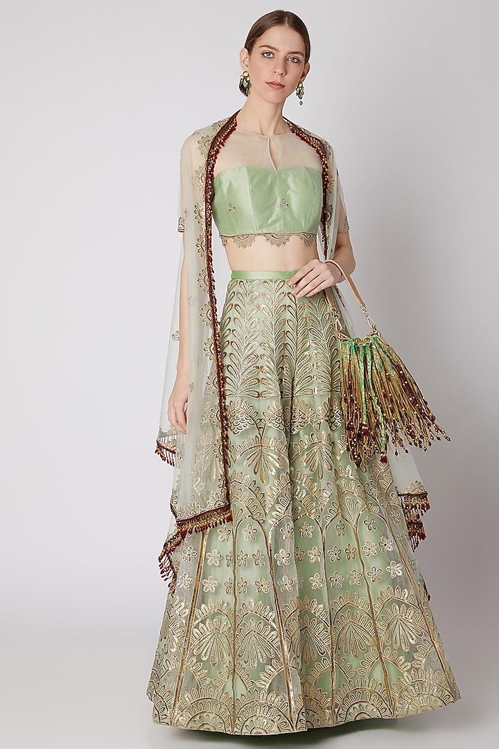 Light Mint Green Embroidered Palazzo Pants & Blouse With Jacket by Abha Choudhary