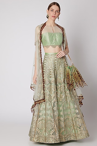 Light Mint Green Embroidered Palazzo Pants & Blouse With Jacket by Abha Choudhary